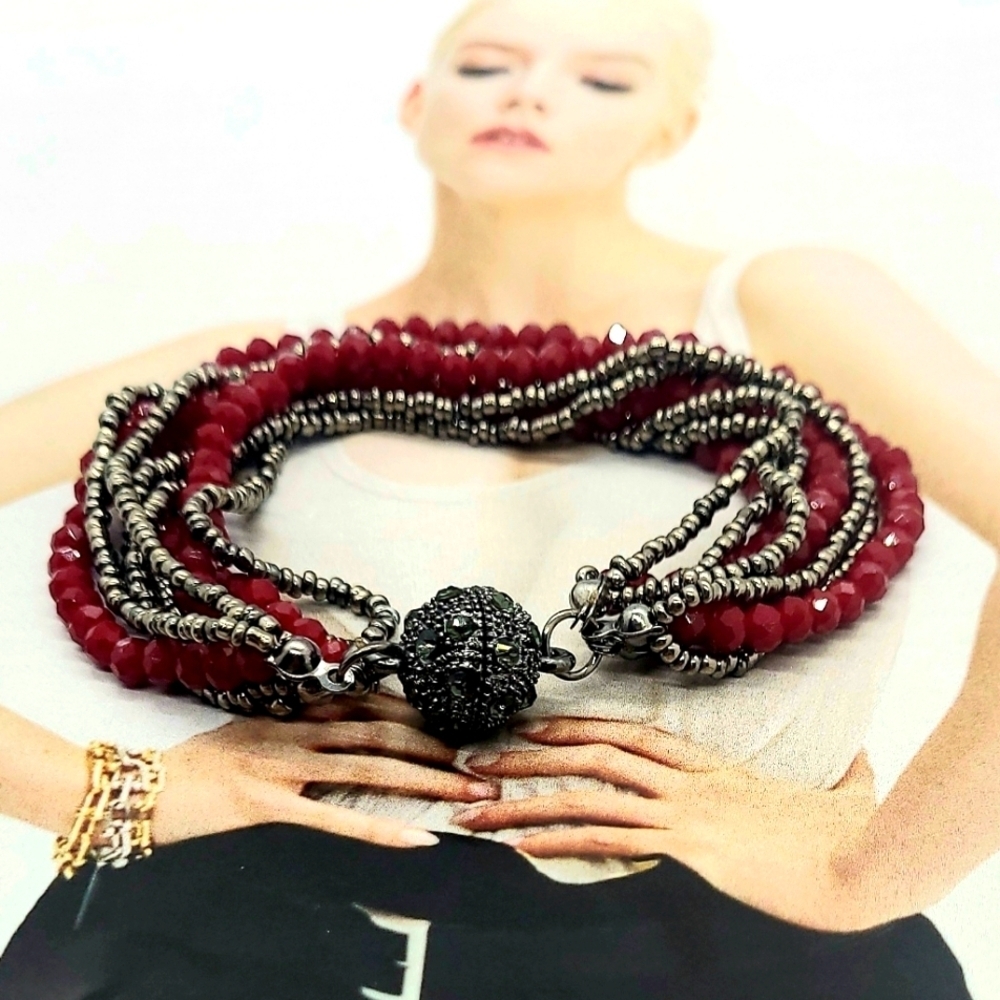 NWT Marcassite Red Shimmer Beaded Wrap Magnetic Silver Bracelet